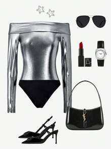 Avenne Body de manga larga con cuello alto estilo Y2K plateado brillante para mujer, elegante y sexy, para otoño/invierno