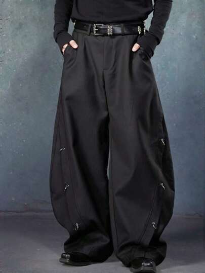 PAVTROS Manfinity Streetrush Streetrush 보이 블랙 팬츠, 틈새 금속 링 패치워크 디자인 배럴 레그 루즈 캐주얼 바지 블랙 배기 팬츠 보이 고스 팬츠 보이 트립 팬츠 이모 팬츠 Y2k 보이 팬츠, 남자 친구 선물, 스트리트웨어 보이, 가을