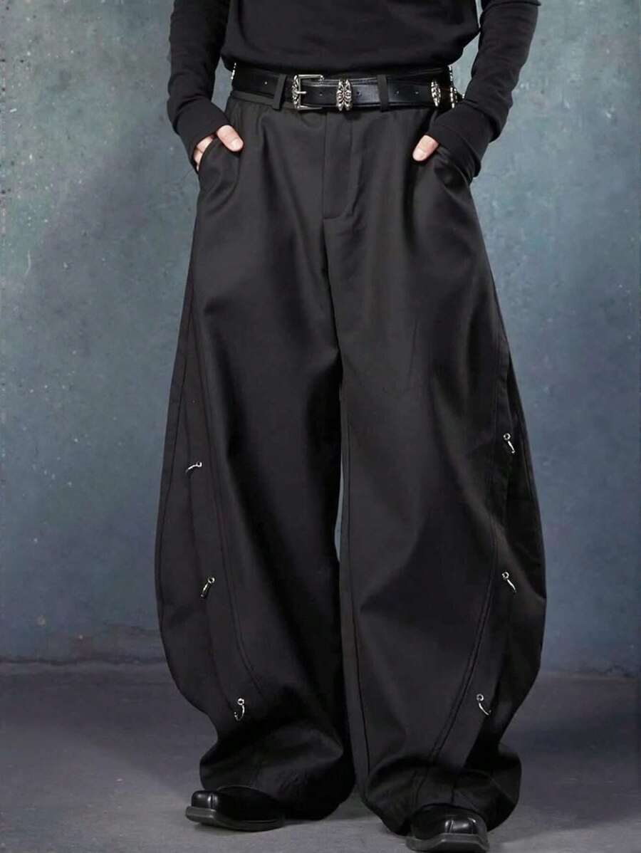 PAVTROS Manfinity Streetrush 男士黑色长裤，小众金属环拼接设计筒腿宽松休闲裤，黑色宽松男士哥特裤，男士Tripp裤，Emo裤，Y2K男士长裤，男友礼物，街头男装，秋季款 - 黑色 - 查看 1