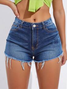 Teen Girls' Casual Washed Distressed Denim Shorts, Summer - Dark Wash - View 5