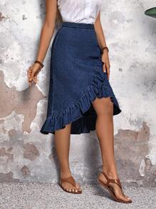 SHEIN Tall 女士休闲不对称荷叶边下摆牛仔 A 字裙
