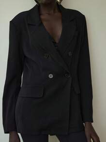 Lumivelle Áo khoác blazer dáng rộng, đệm vai, thường ngày đi làm cho nữ, trang phục mùa hè cho trường đại học, vải thu cho nữ - màu đen - Xem 3