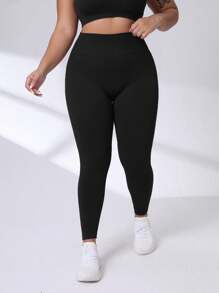 Gameset SHEIN Sport Plusstorlekar med bred midja och sportleggings för yoga för kvinnor - Svart - Visa 2