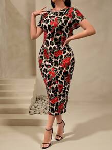 Chikora Plus Size Summer Elegant Leopard Print Rose Flower Pattern Valentine's Day Dress - Multicolor - View 4