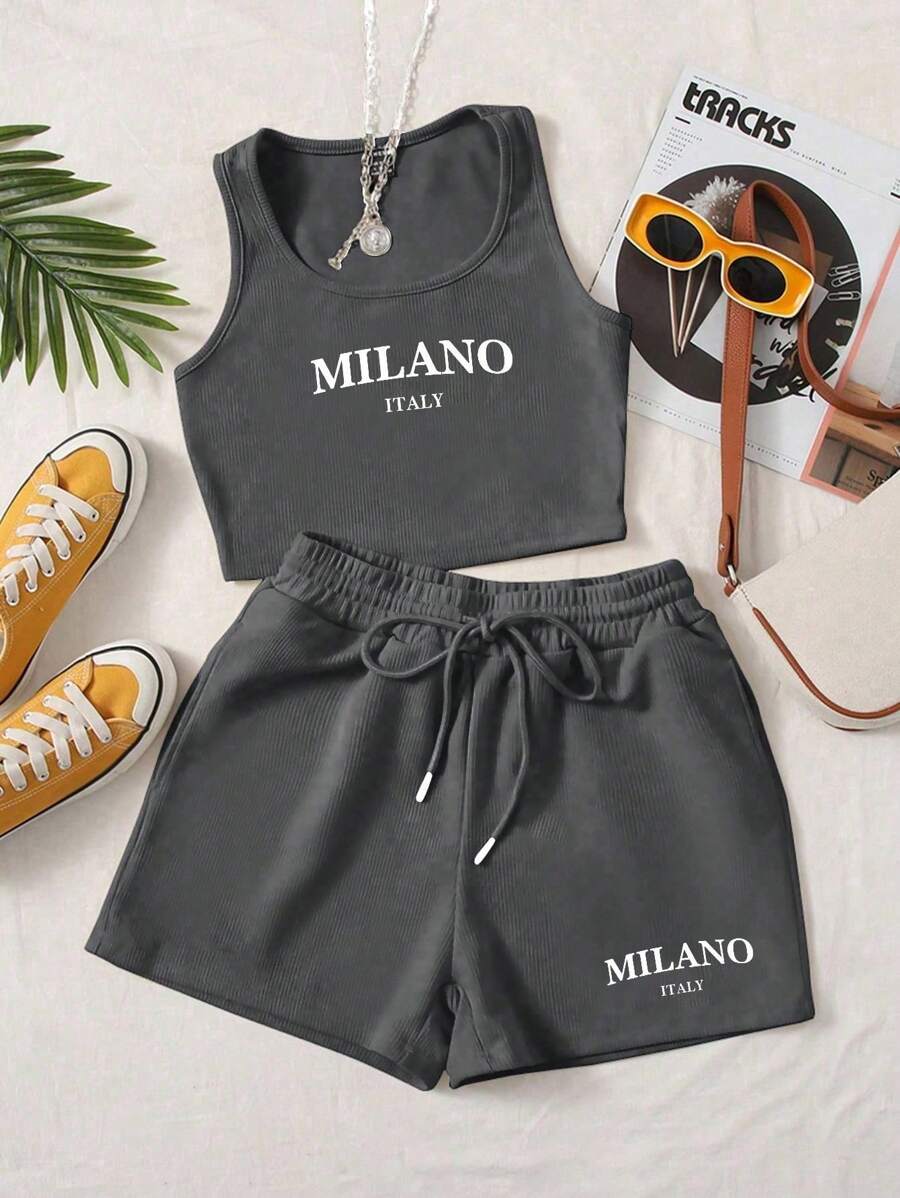 SHEIN EZwear 2pcs Women Casual MILANO Graphic Crew Neck Fitted Tank Top And Drawstring Shorts Set, Suitable For Summer Suitable For Going Out - Dark Grey - View 1
