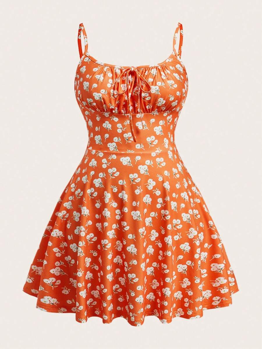 SHEIN EZwear 性感荧光橙色针织紧身迷你连衣裙,细肩带,夏季 - 亮橙色 - 查看 1