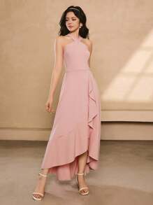 Teenage Ruffled Asymmetrical Hem Dress, Suitable For Parties, Banquets, Hosting Events, Summer Criss-Cross Backless Dress - Pink - View 4