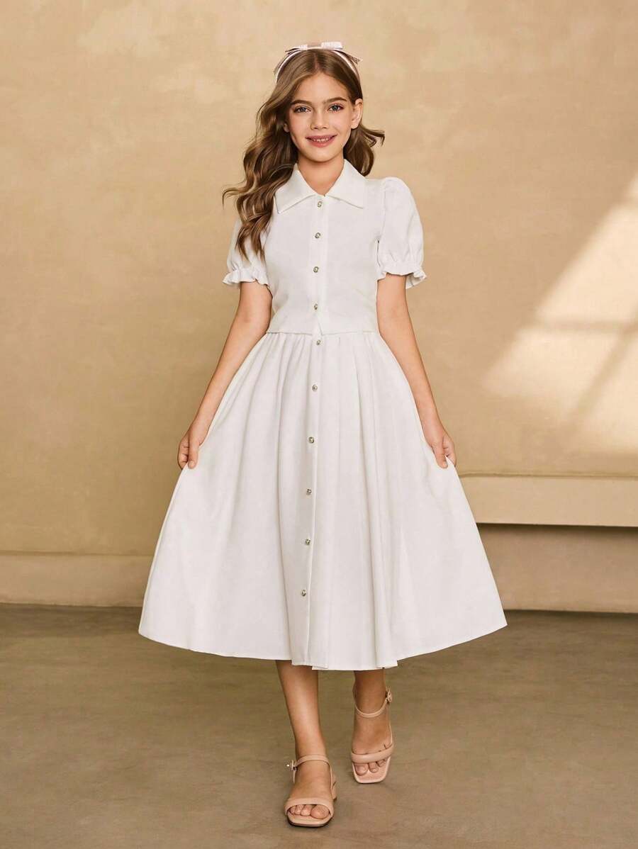 Completo elegante da ragazza composto da blusa con collo alla polo, maniche corte, monocolore, spalle scoperte e gonna midi a-line in tinta unita, outfit formale per il ritorno a scuola