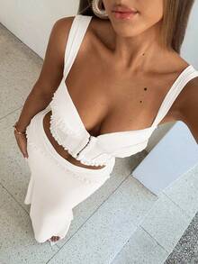Aloruh 2pcs/Set Women's Sexy Ruched Bustier Cropped Top And Fishtail Hem Bodycon Skirt, Fitted - White - View 1