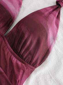SHEIN Tall CURVE Sexy vintage Farbverlauf-Träger V-Ausschnitt Schnür-Mesh geraffte asymmetrische Saum romantisches Urlaubskleid für Frauen im Sommer - Bordeaux - Übersicht 4