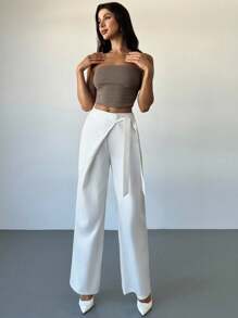 Firerie Women's Elegant Loose Straight Leg Pants, Satin Fabric, Tie Waist, Versatile Casual/Business Wear, Fall, Back To School, Old Money Style, Office - White - View 7