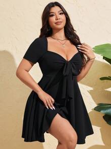SHEIN PETITE CURVE Plus Size Women's Sexy Front Tie Short Sleeve Bodycon Mini Dress, Summer - Black - View 3