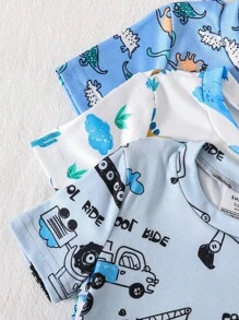 6pcs/Set Young Boy Dinosaur & Car Print Snug Fit Short Sleeve Top And Long Pants Pajama Set Boy Pajama Sets Back To School Fashion