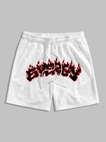ROMWE MEN Street Life Men's Casual Sparkling Rhinestone Letter Embroidered Shorts, Summer - White - View 5