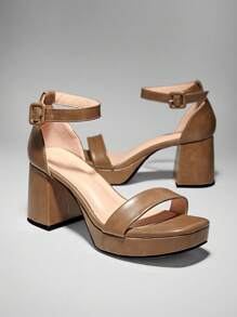 SHUZIA #GalaCore 女式踝带方头粗跟亮面 PU 深橄榄色厚底凉鞋 - 优质构造、厚实、别致、舒适且百搭