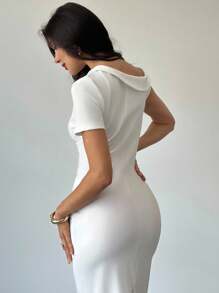 Firerie فستان أبيض كاجوال أنيق للنساء، مزين بالترتر، كتف مكشوف غير متماثل/ملابس نسائية للخريف/ملابس للذهاب إلى العمل/ملابس المعلمات/ملابس للعودة إلى المدرسة/ملابس الطبقة المتوسطة/ملابس كاجوال للعمل/ملابس مكتبية للنساء/ملابس للحفلات البيضاء - الأزرق - مشاهدة 4