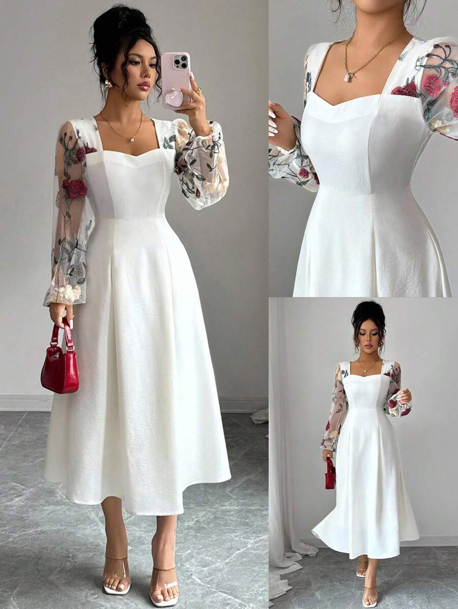 Elenzga White Lace Dress For Women, Suitable For Outings In Autumn - Beige - View 1