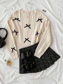 SHEIN 少女蝴蝶结复古可爱圆领套头毛衣，休闲甜美可爱秋冬时尚蝴蝶结毛衣套装 - 米色 - 查看 8