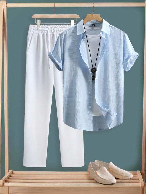 Manfinity Homme Men's Solid Color Short Sleeve Shirt And Pants Set With INS Inspiration: A Set Featuring A Short-Sleeve Light Blue Shirt With Geometric Knitted Jacquard Texture Paired With White Long Pants. This Outfit Exudes Elegance And Romance, Perfect For A Hawaiian Seaside Vacation Or Daily Wear. A Thoughtful Gift For Your Boyfriend Or Husband, Embodying Refined And Romantic French Charm. Mens Summer Set Linen Mens Set Light Blue Mens Shirt And White Pants Set Mens Two-Piece Outfit Baby Blue Mens Set Men L