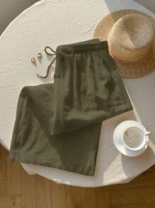 Comfortcana Olive Green Casual Loose Wide Leg Drawstring Pants For Plus Size Women,Fall Clothes For Women - Army Green - View 3