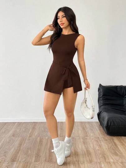 SHEIN EZwear Women's Coffee Brown Minimalist Sleeveless Jumpsuit