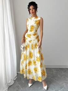 Modelyn 女士优雅通勤无袖连衣裙 - 黃色 - 查看 6