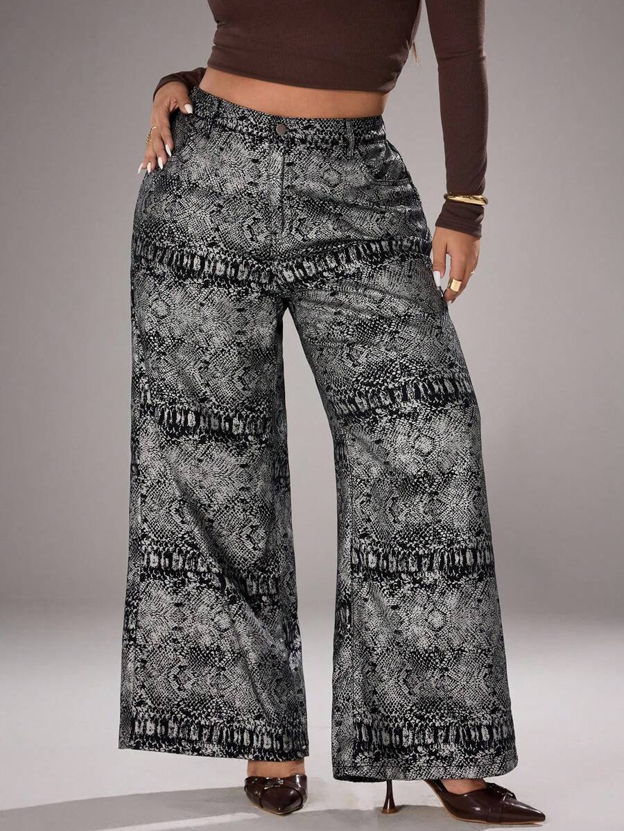 SHEIN ICON Plus Size Women's Casual Wide Leg Jeans, All Season - Black - View 1