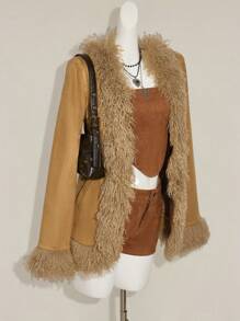 SHEIN ICON Y2k 秋季西部波西米亚风外出卡其色女式时尚复古人造毛皮拼布夹克女式棕色人造毛皮大衣女式棕色夹克女式秋季大衣女式棕色大衣女式秋季夹克 - 卡其色 - 查看 10