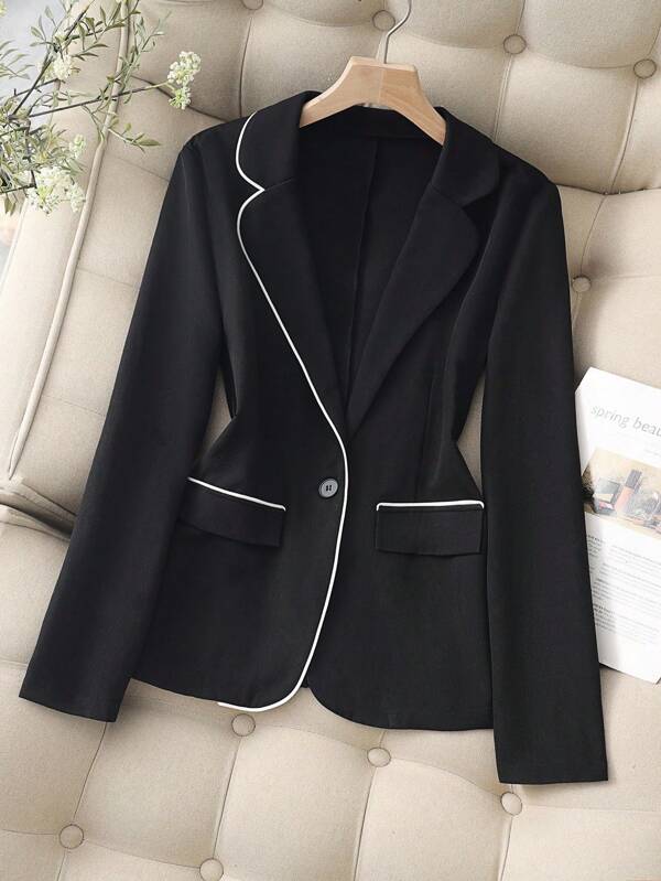 Franclia Schwarze Slim Fit Damenjacke, Kragen- und Taschenklappe mit weißem Rand, Damen Lässig Business Anzug Blazer, Herbst/Winter Damen Lässig outfit