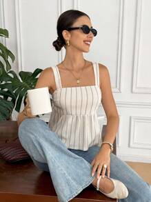 Serisse 女士休闲条纹系带露背吊带背心，夏季 - 杏色 - 查看 6