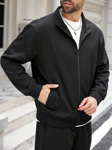 Manfinity Homme 大码男士休闲纯色户外风衣夹克，男士拉链夹克，男士黑色拉链夹克，男士黑色夹克，秋季 - 黑色 - 查看 4