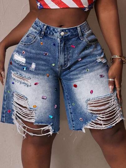 Slaydiva 大码女式口袋撕破水钻装饰时尚牛仔短裤