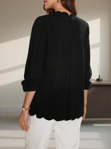 Editum 女士优雅黑色返校服秋季女装复古风格教师服扇贝边夹克，女士春/秋休闲扇贝常规袖常规版型黑色纯色女士外套，休闲日常穿着 - 黑色 - 查看 2