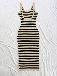 Soleia 杏色 & 黑色撞色条纹镂空波西米亚浪漫花卉度假针织连衣裙