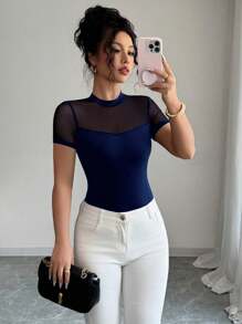 Elenzga Áo thun nữ cổ tròn tay ngắn họa tiết lưới vá trơn màu đa năng mùa hè 2025 - Màu xanh hải quân - Xem 3