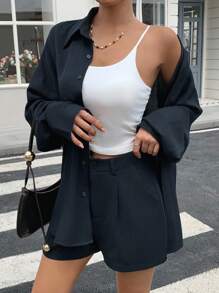 DAZY 女士夏季宽松休闲衬衫和短裤两件套 - 藏蓝色 - 查看 5