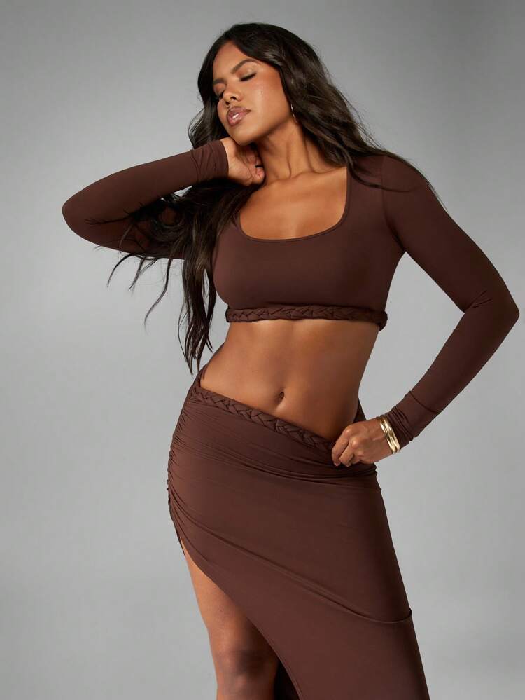 MISSGUIDED Braided Trim Long Sleeve Two Piece Co-Ord Set Crop Top High Split Maxi Skirt Ruched Detail Party Evening Fall Winter Occasion Wear