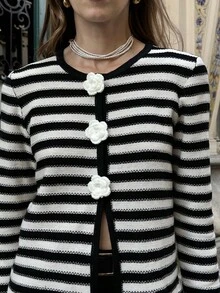 Chiquease Black & White Striped Knit Cardigan, Lightweight Sweater Jacket For Spring/Summer Fall Winter Cloth For Women - Black and White - View 3