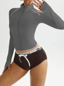 Easithlete 修身灰色长袖运动夹克，高领，舒适弹力面料，女士健身运动夹克 - 灰色 - 查看 7