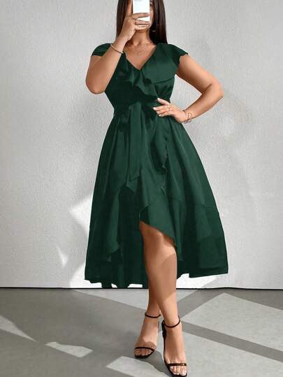 Celure Vestido de fiesta con cuello en V y ribete de unicolor talla grande, estilo outfit para mujer