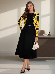 SHEIN Clasi Geo Print Open Front Crop Blazer In Fall/Winter - Multicolor - View 3