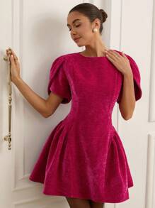 BELROSIE Tulip Design Princess Style Short Sleeve Round Neck Hem Spliced A-Line Mini Dress For Women - Hot Pink - View 6