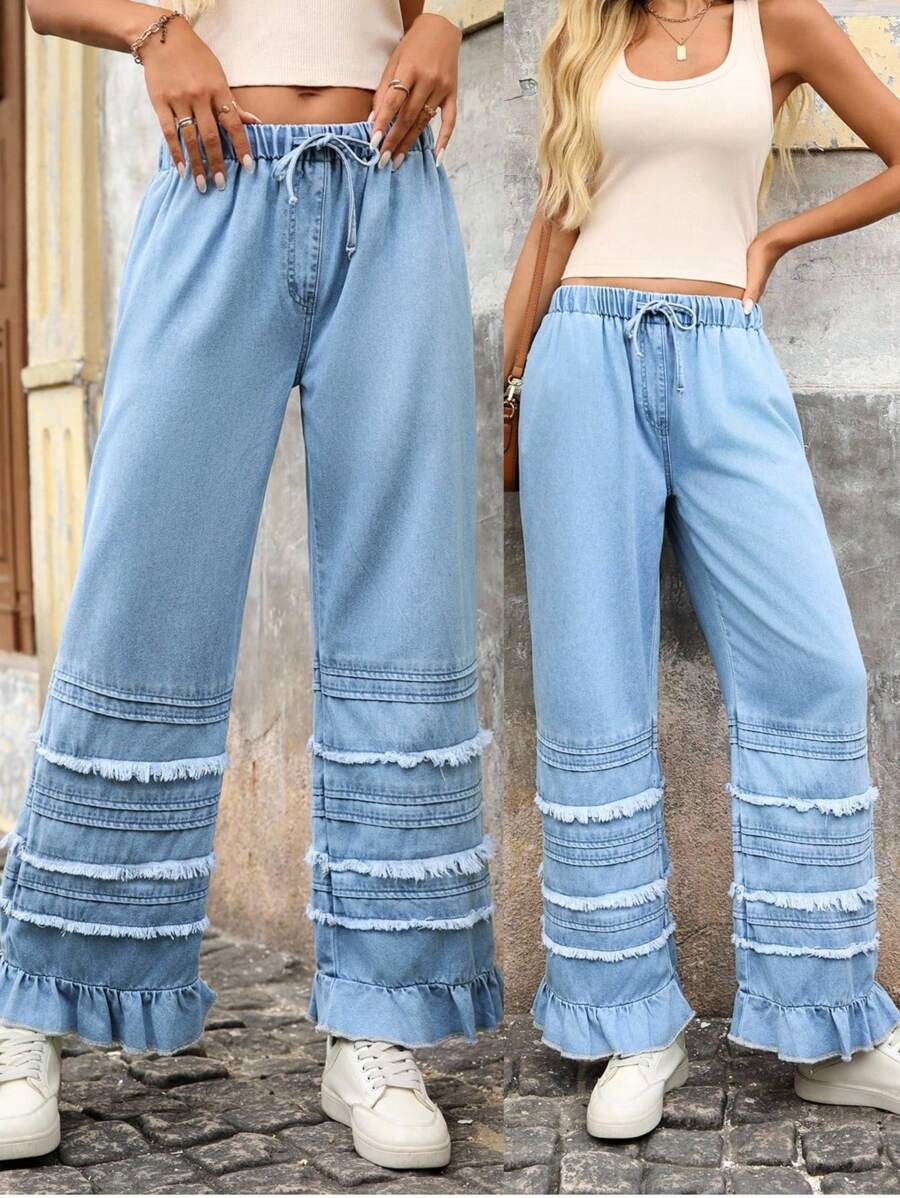 EMERY ROSE Women's Casual Washed Ruffled Wide Leg Jeans - Light Wash - View 1
