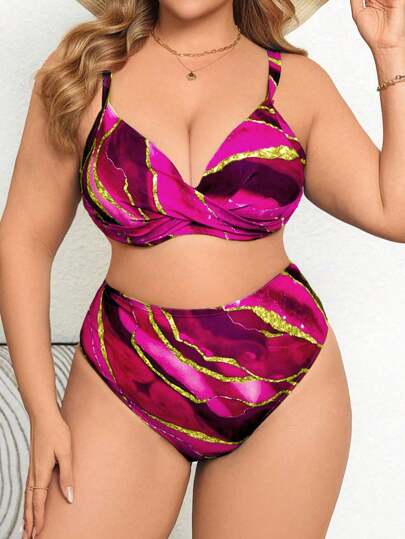 Swim Lushoire Abstract Tie Dye Print Twist Design Plus Size Women Bikini Set For Summer Beach Vacation