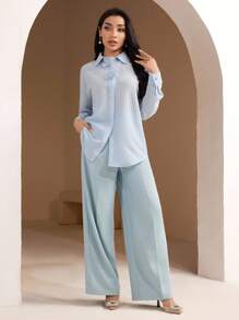 Veilorie 女式花卉装饰落肩长袖单排扣优雅衬衫 - 藍色 - 查看 5