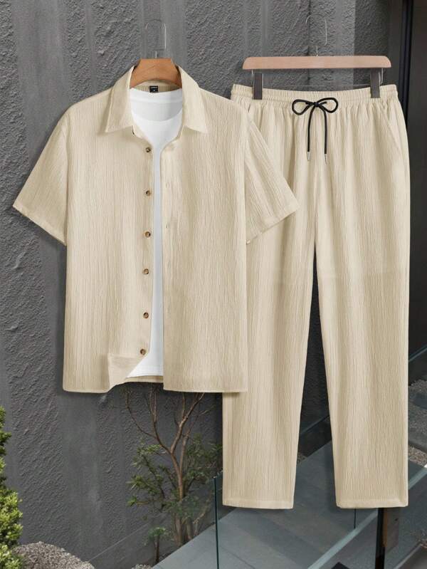 Manfinity RelaxMax Ensemble chemise et pantalon de couleur unie casual pour hommes