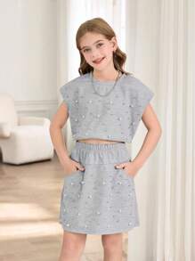 Set de 2 piezas de top sin mangas con rhinestones + falda con cintura anudada con rhinestones para niñas preadolescentes, conjunto de estilo casual de calle - Gris - Ver 3