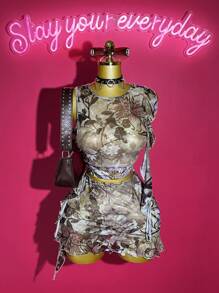 Slaydiva 2025 年夏季新品，学院风，返校季，生日派对，日常休闲，度假，热门单品，女式无袖短款抽绳不对称下摆紧身迷你裙套装，大地色系花卉印花，夏季两件套服装 - 彩色 - 查看 6