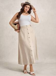 Zelara Váy dài vừa phải cài nút màu mơ thường ngày cỡ lớn dành cho nữ, chất liệu cotton thoải mái cho mùa thu - Màu be - Xem 5