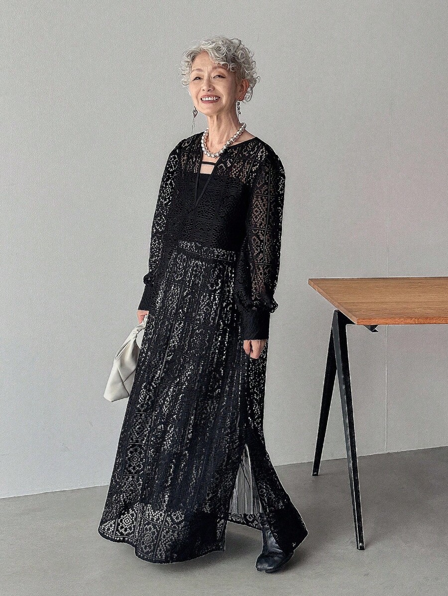 FRIFUL Women's Black See-Through Lace Fabric Long Sleeve Dress,Fall Dress